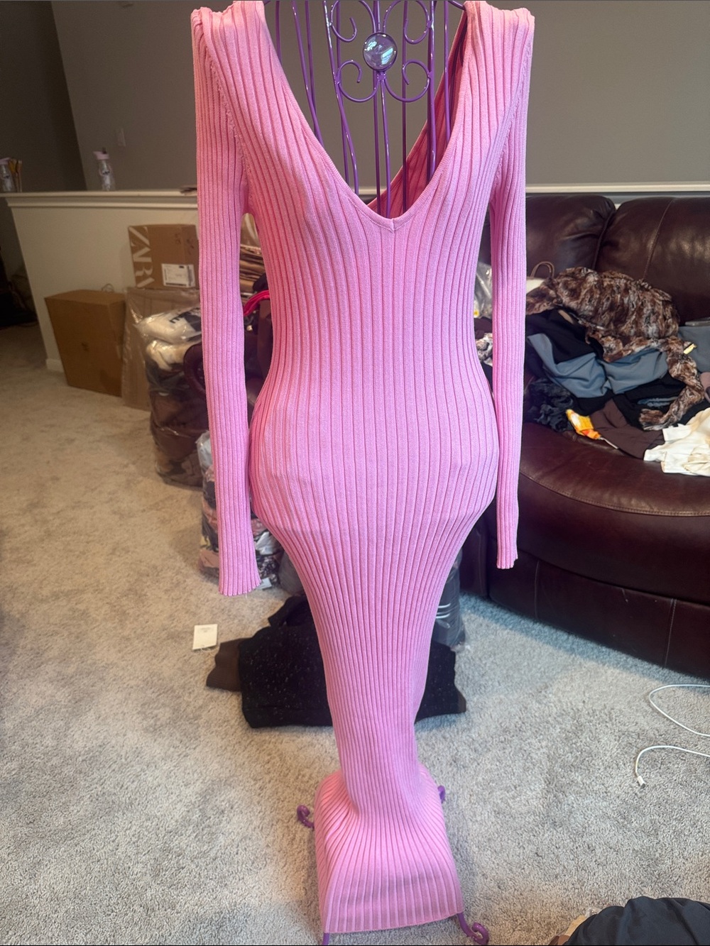 Fashion Nova Slim Ribbed V-Neck Maxi Dress in Pink